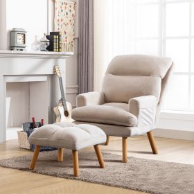 Contemporary Elegance Accent Chair with Footrest, For Relaxing, Arm Rest, Wood, Beige