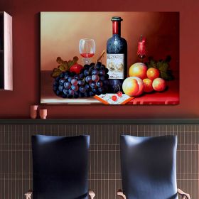 Framed Canvas Wall Art Decor Painting, Still Life Wine and Grape Fruits on Table Oil Painting Style Decoration For Restaurant, Kitchen, Dining Room, O