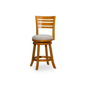 24" Counter Height Slat Back Swivel Stool, Natural Finish, Beige Fabric Seat