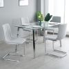 Table and chair set, one table and four chairs. Clear tempered glass table top, 0.3 feet thick, silver metal legs. Bow chair with electroplated metal