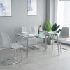 Table and chair set, one table and four chairs. Clear tempered glass table top, 0.3 feet thick, silver metal legs. Bow chair with electroplated metal