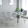 Table and chair set, one table and four chairs. Clear tempered glass table top, 0.3 feet thick, silver metal legs. Bow chair with electroplated metal