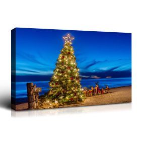 Framed Canvas Wall Art Decor Painting For Chrismas, Chrismas Tree on Seaside Chrismas Gift Painting For Chrismas Gift, Decoration For Chrismas Eve Off (Color: as Pic)